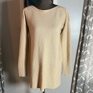 Neiman Marcus Tan 100% Cashmere Rib Knit Boatneck Tunic Sweater SZ Medium